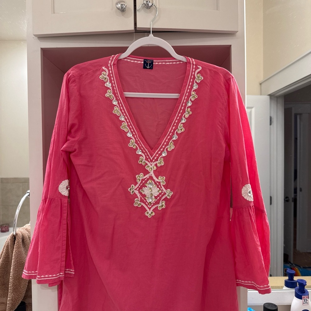 Vibrant Pink Embroidered V-Neck Tunic